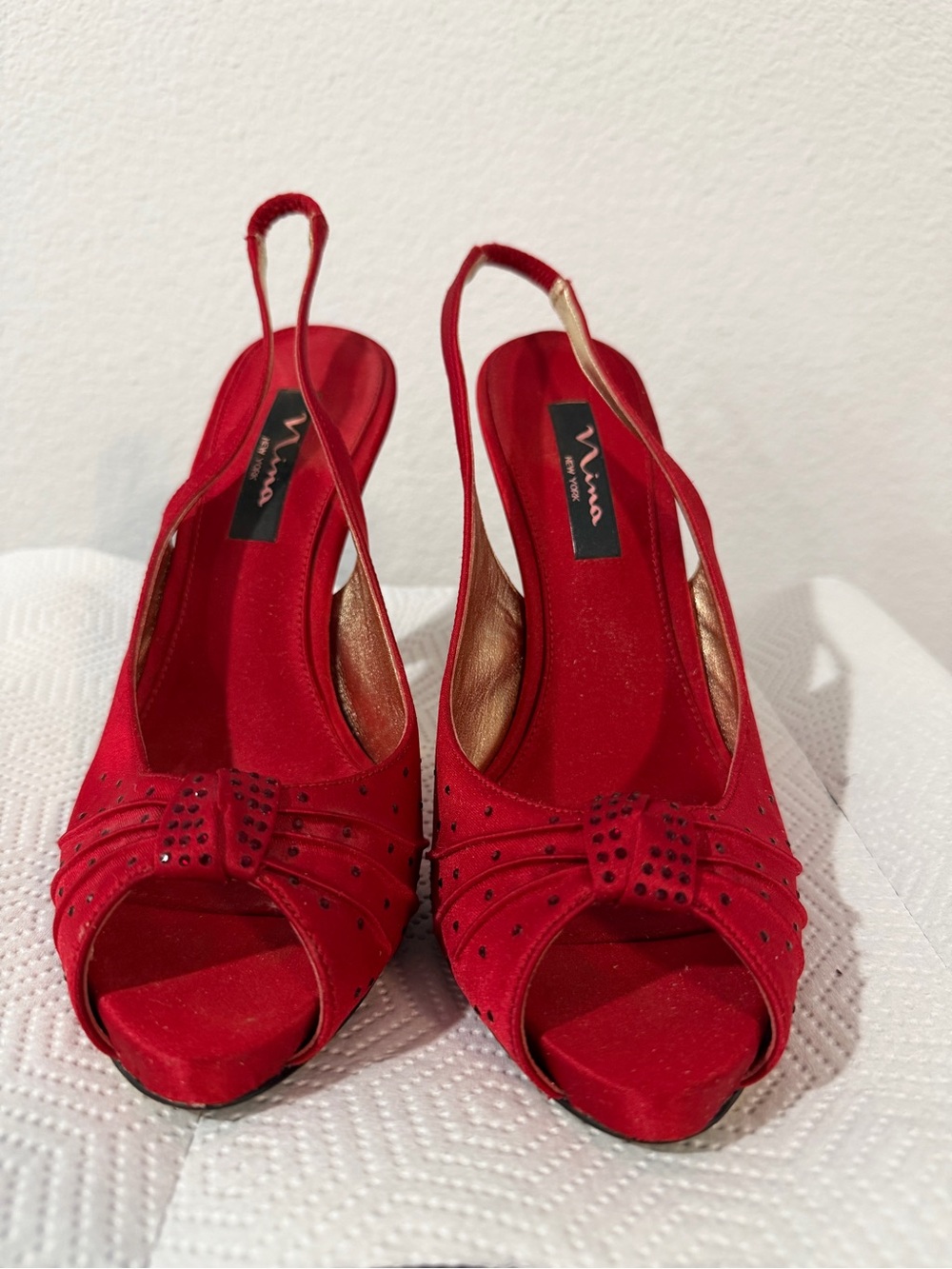 Nina Shoes Womens Size Red Slingback Peep Toe Dress Heels Rhinestone Bow  S 8.5